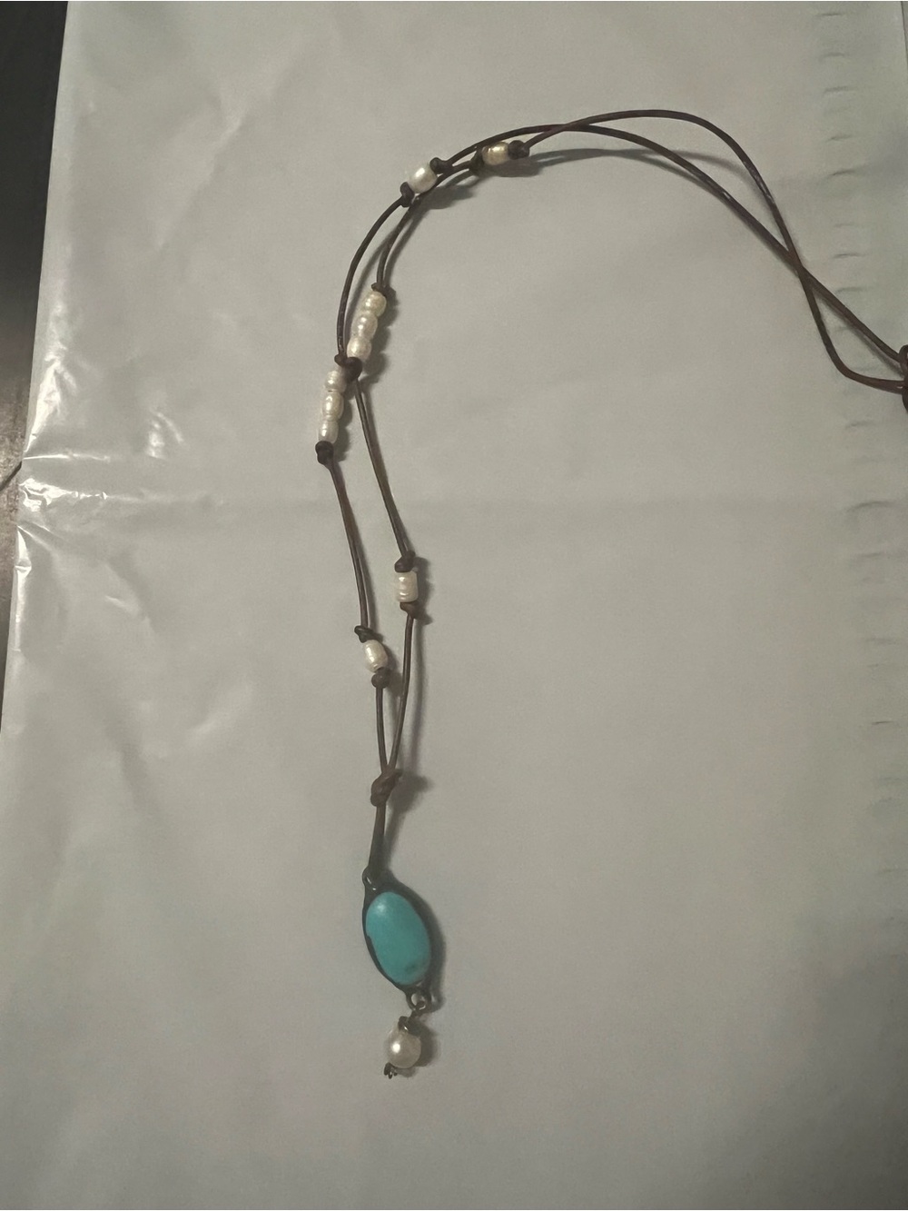 Women’s Turquoise Pendant Necklace with Pearl Accents - Leather